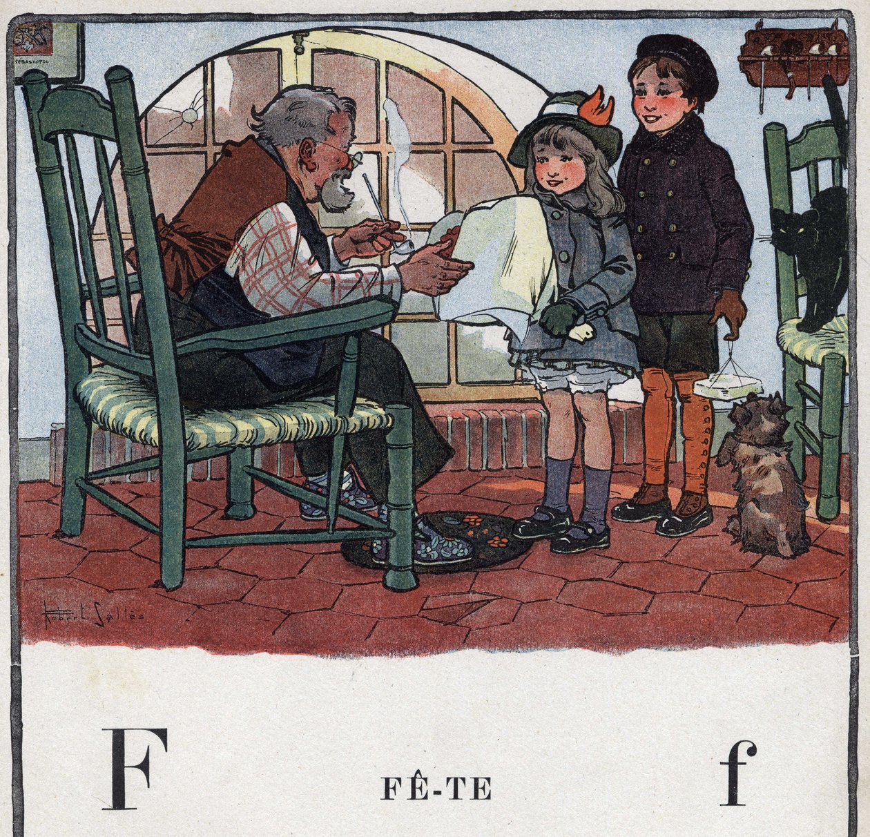 كتاب الأطفال "" سأقرأ - الأبجدية المنهجية والممتعة لأبي "" "1926. رسم لروبرت ساليس (1871-1929). Abecedaire: الحرف F مثل Fete. فتاة وصبي يقدمان هدايا لحفل جدهما. بواسطة روبرت ساليس