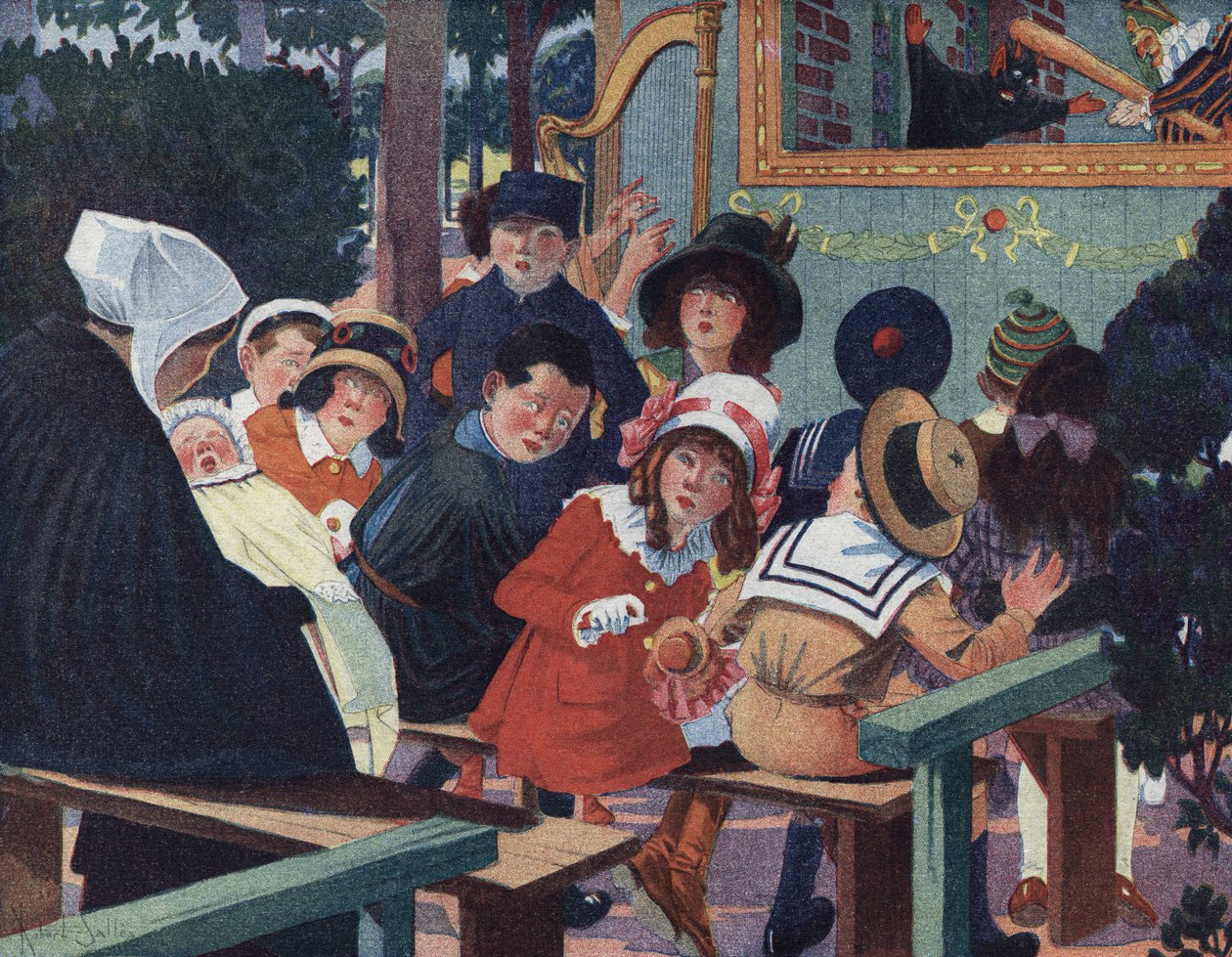 عرض الدمى: الأطفال في مسرح Guignol مشوشون بسبب بكاء طفل. رسم إيضاحي لروبرت ساليس (1871-1929) في "" Je sais Lire "". بواسطة روبرت ساليس