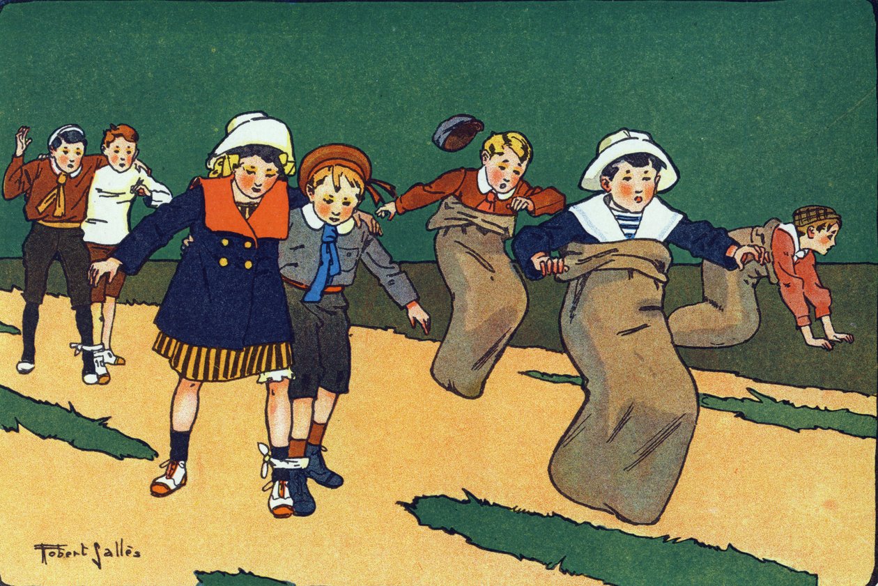 The bag race. Engraving in “” What are we playing? “” by E. Weber with watercolour drawings by Robert Salles (1871-1929). Librairie Garnier Freres, Paris بواسطة روبرت ساليس