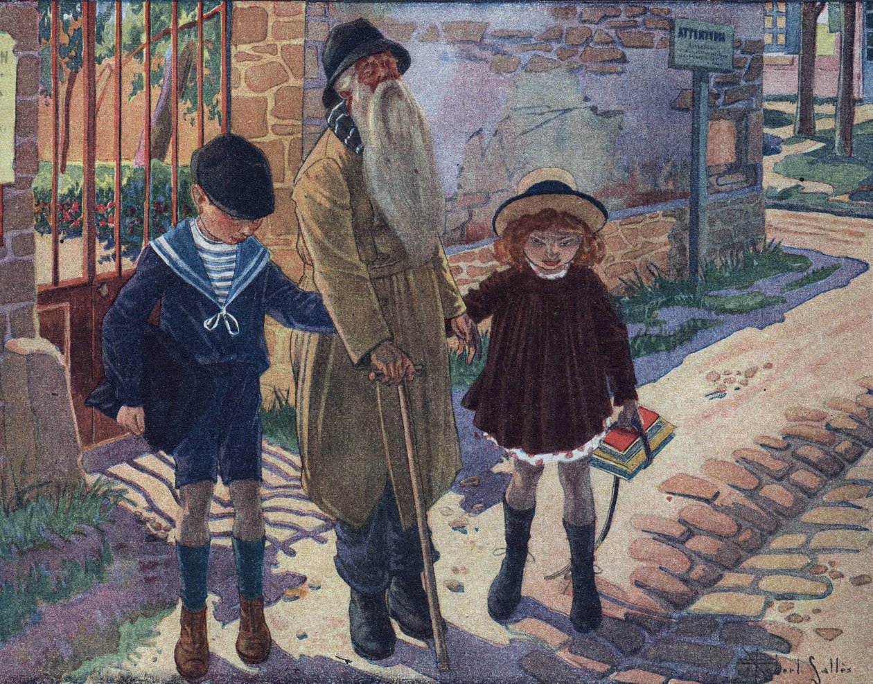 عصا الأعمى: طفلان يساعدان شيخاً أعمى على المشي. رسم إيضاحي لروبرت ساليس (1871-1929) في "" Je sais Lire "". بواسطة روبرت ساليس