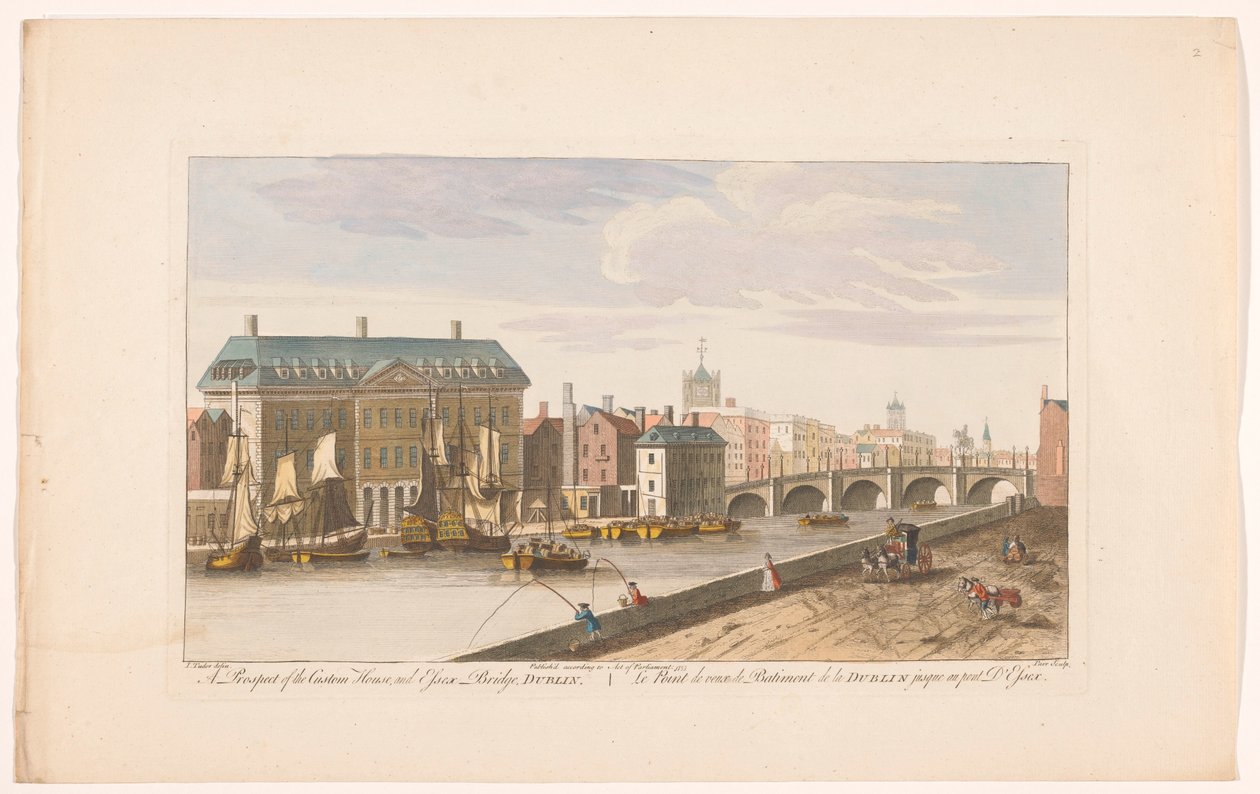 منظر لمنزل Custom House وجسر Essex فوق نهر Liffey في دبلن احتمال من Custom House و Essex Bridge ، دبلن (العنوان على الكائن) بواسطة روبرت ساير (ربما)