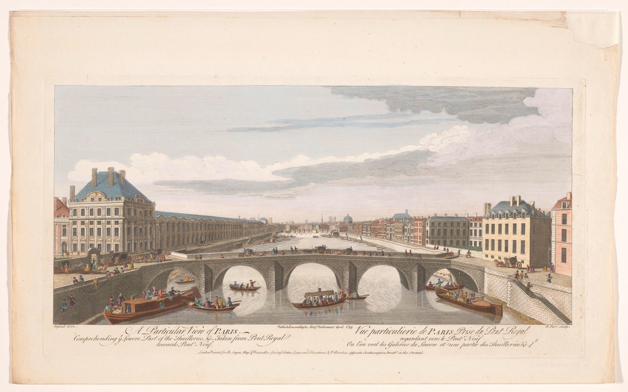 منظر لـ Pont Royal عبر نهر السين في باريس ، باتجاه Pont Neuf منظر خاص لباريس يستوعب أنتم متحف اللوفر ، جزء من Thuilleries ، & ج. مأخوذة من Pont Royal نحو Pont Neuf (العنوان على الكائن) باريس (عنوان المسلسل) بواسطة روبرت ساير