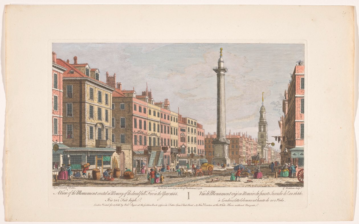 Gezicht op het Monument إلى حريق لندن العظيم منظر للنصب التذكاري الذي أقيم في ذكرى الحريق المروع في عام 1666 (...) (العنوان على الكائن) لوندن (عنوان السلسلة) بواسطة روبرت ساير