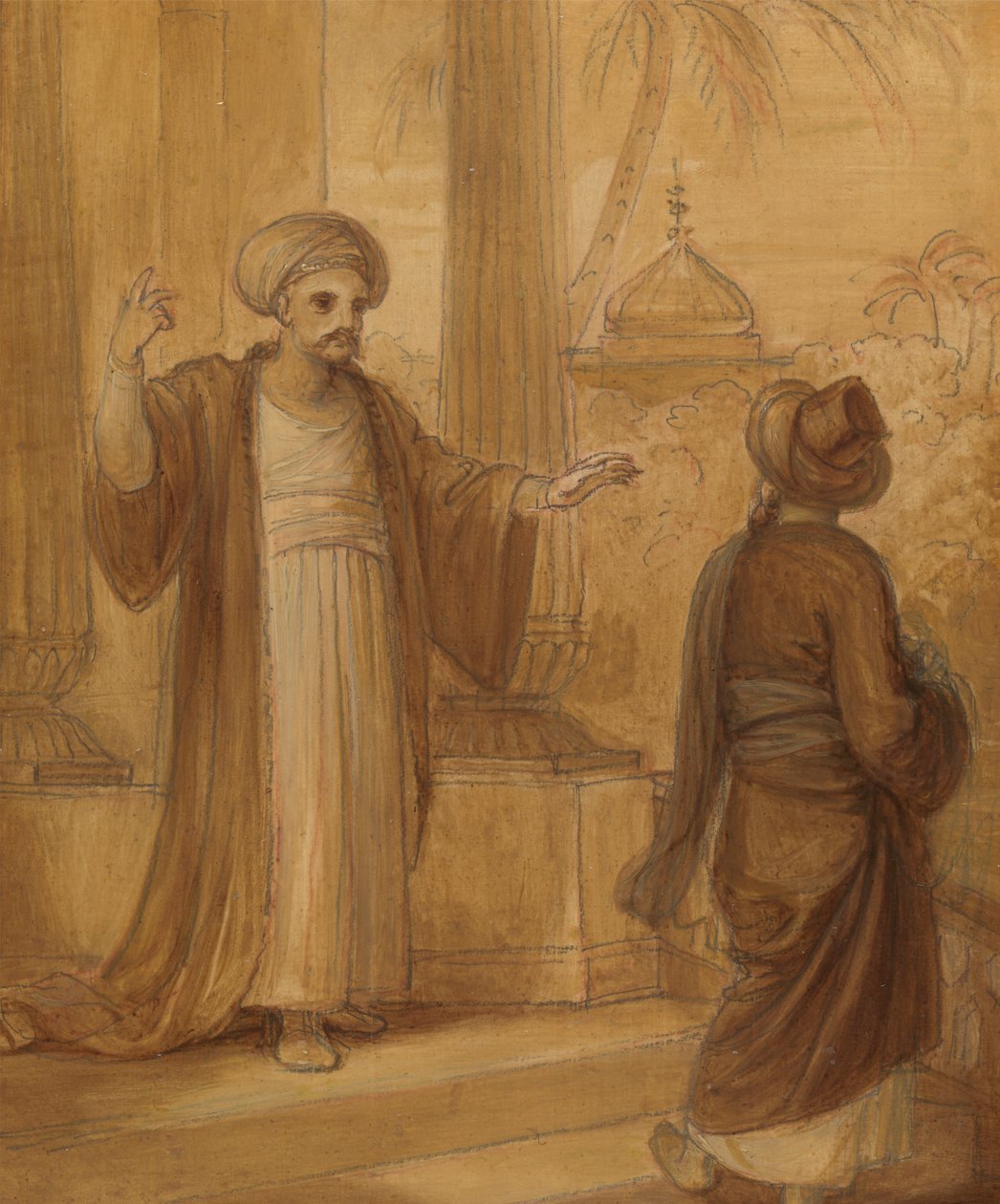 رسم إيضاحي لرومانسية شرقية ، ربما "الليالي العربية" ، مع شخصيتين من الذكور واقفين بواسطة روبرت سميرك
