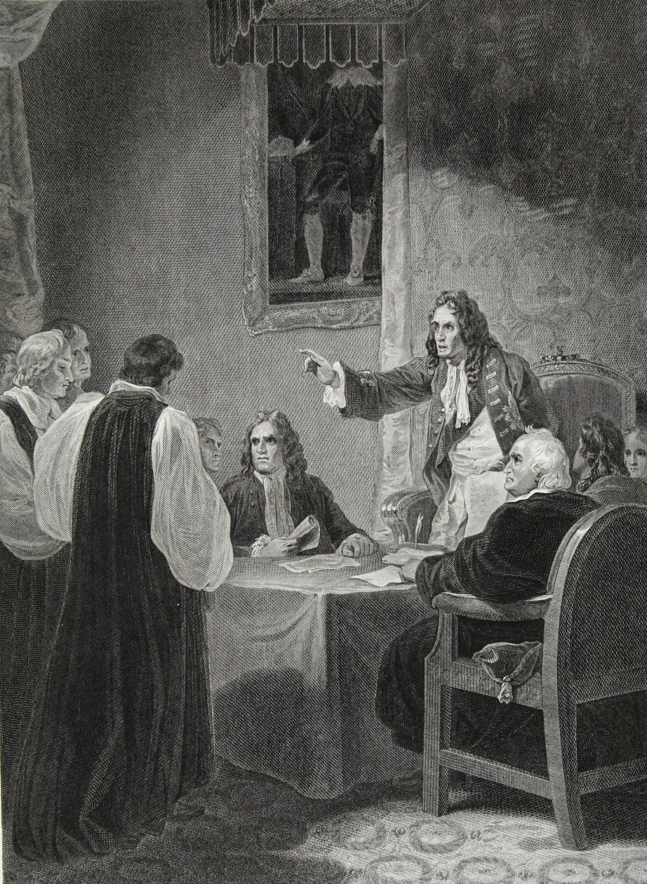الأساقفة أمام مجلس الملكة الخاص ، 1688 ، محفور من قبل جورج نوبل ، رسم توضيحي من حانة ديفيد هيوم "تاريخ إنجلترا" ، الحانة. بقلم ر. بوير ، لندن ، 1812 بواسطة روبرت سميرك
