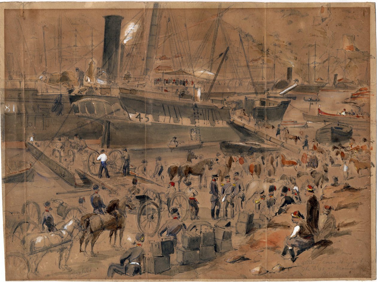 المدفعية تشرع على متن السفينة أرغو ، في بالاكلافا ، مايو 1856 - المدفعية تشرع على متن السفينة أرغو. بالاكلافا ، مايو 1856 بواسطة لانديلز ، روبرت توماس (1833-1877) بواسطة روبرت توماس لانديلز