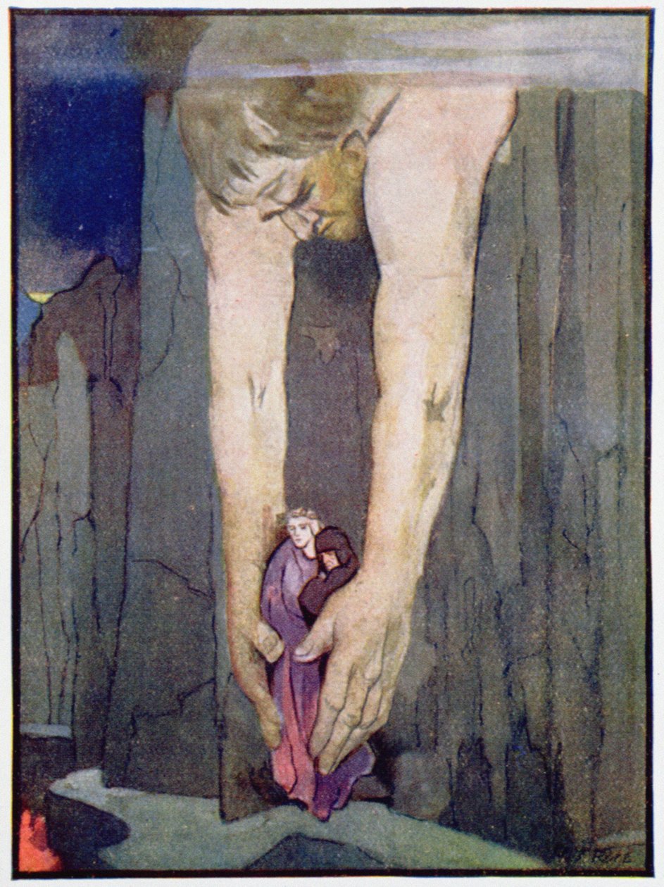Antaeus يضع Virgil و Dante في الدائرة الأخيرة من الجحيم ، حوالي عام 1910 (لون ليثو) بواسطة روبرت تريل روز