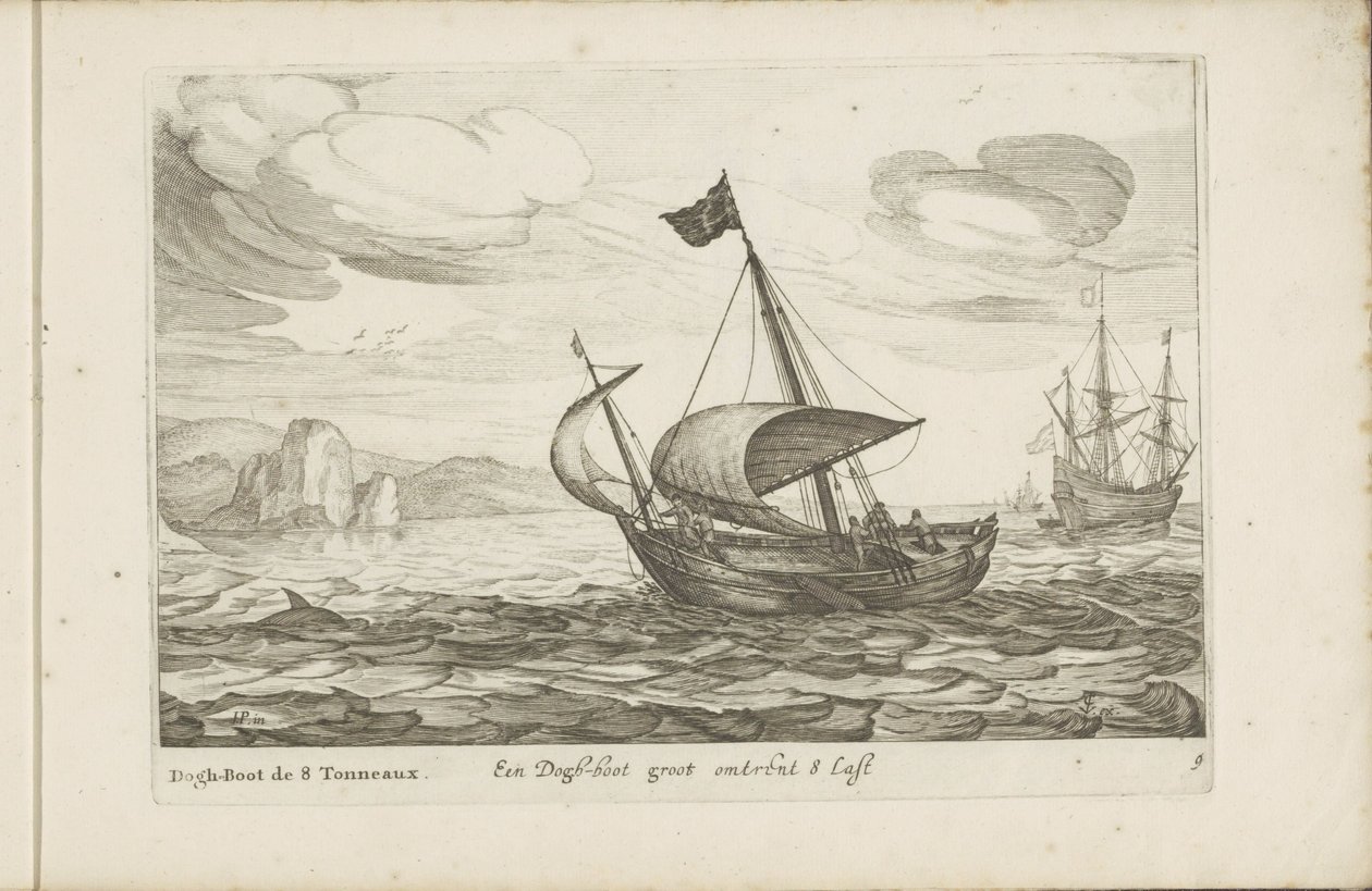 دوجر من دوج بوت Een Dogh-boot groot about 8 Last / Dogh-Boot de 8 Tonneaux (العنوان على الكائن) لا توجد سفن متنوّعة موجودة على أراضيها اتحادات / أيقونات لسفن هولندية مختلفة تستخدم أساسًا في المياه الداخلية للمنطقة بواسطة روبرت دي بودوس (ربما)