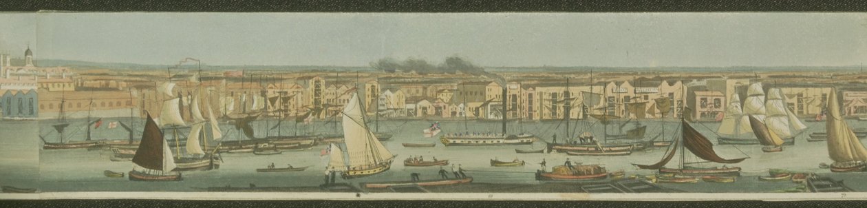 إطلالة بانورامية على نهر التايمز ، من الضفة الجنوبية في برموندسي تظهر ستيبني ، 1823 (أكواتينت) بواسطة روبرت الأكبر هافيل