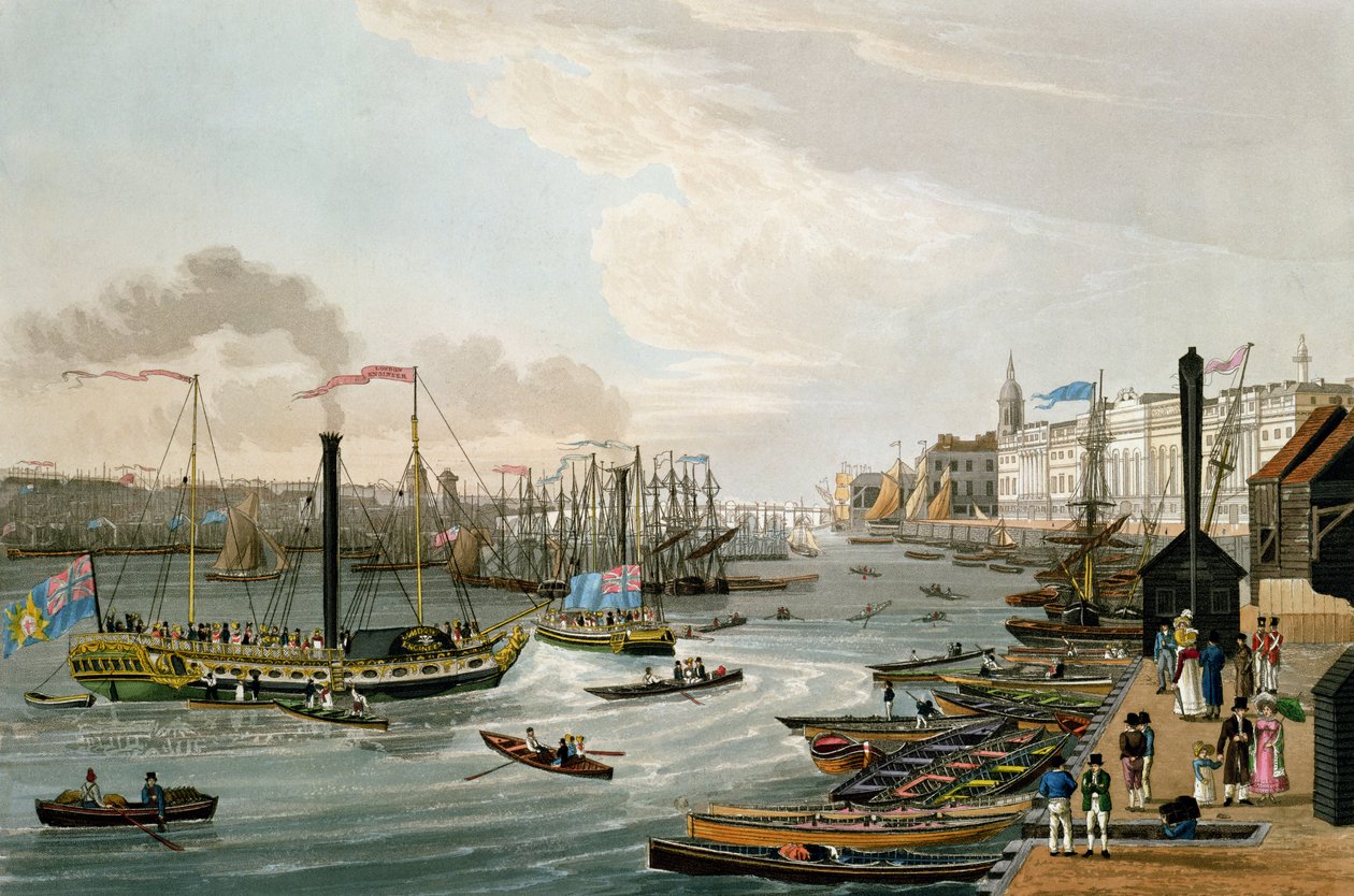 منظر لجسر لندن و Custom House ، مع Margate Steam Yachts ، حانة. 1820 شركة Colnaghi und Co. (ألوان مائية) بواسطة روبرت الأكبر والأصغر هافيل