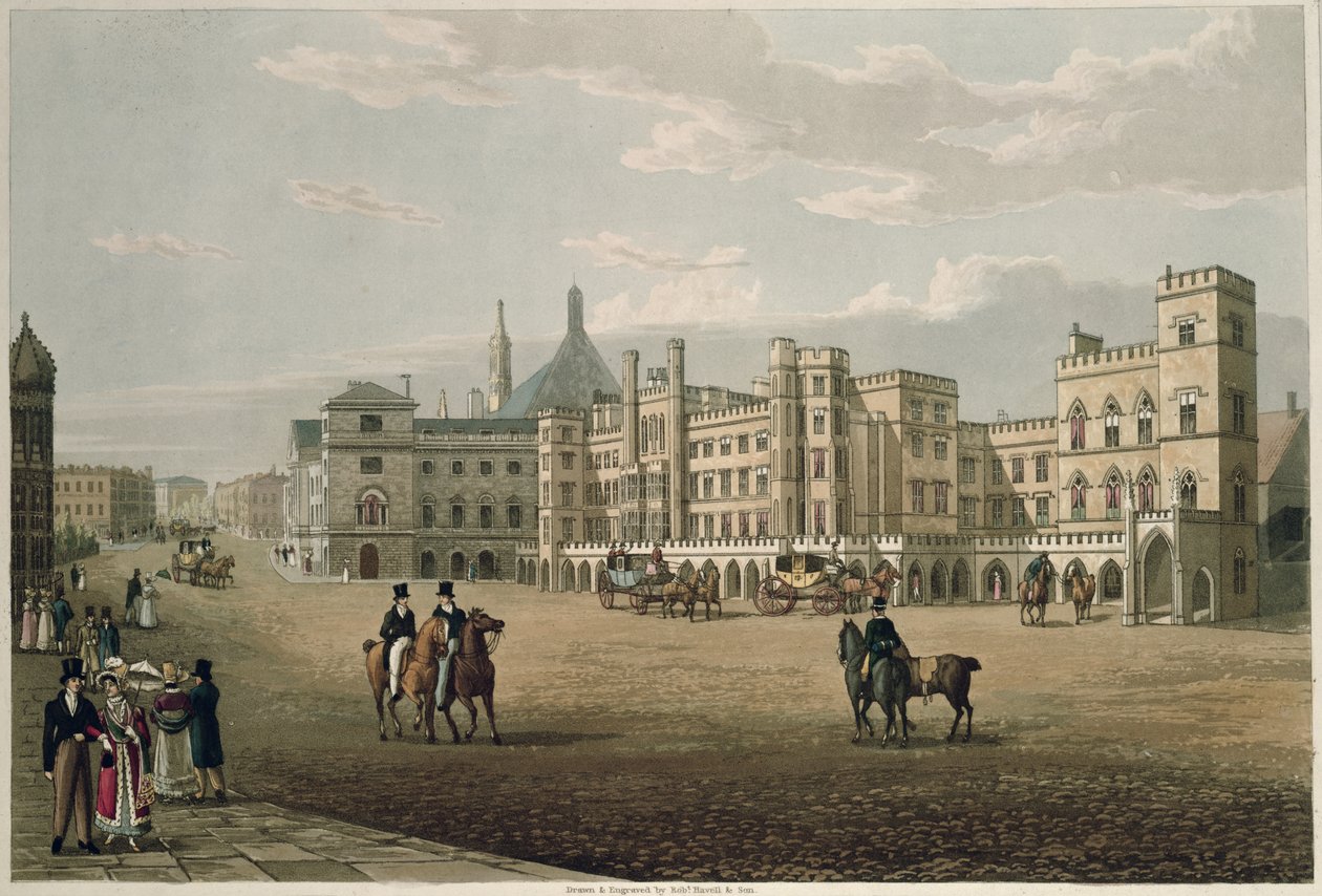 منظر من مجلس اللوردات والعموم ، من Old Palace Yard ، حانة. 1821 شركة Colnaghi und Co. (aquatint) بواسطة روبرت الأكبر والأصغر هافيل