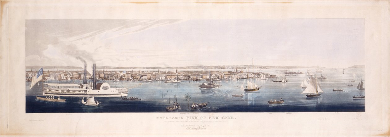 منظر بانورامي لنيويورك ، مأخوذ من نهر [هدسون] الشمالي ، 1844 (حفر يدوي وخط مائي ، الولاية الخامسة) بواسطة روبرت الأصغر هافيل