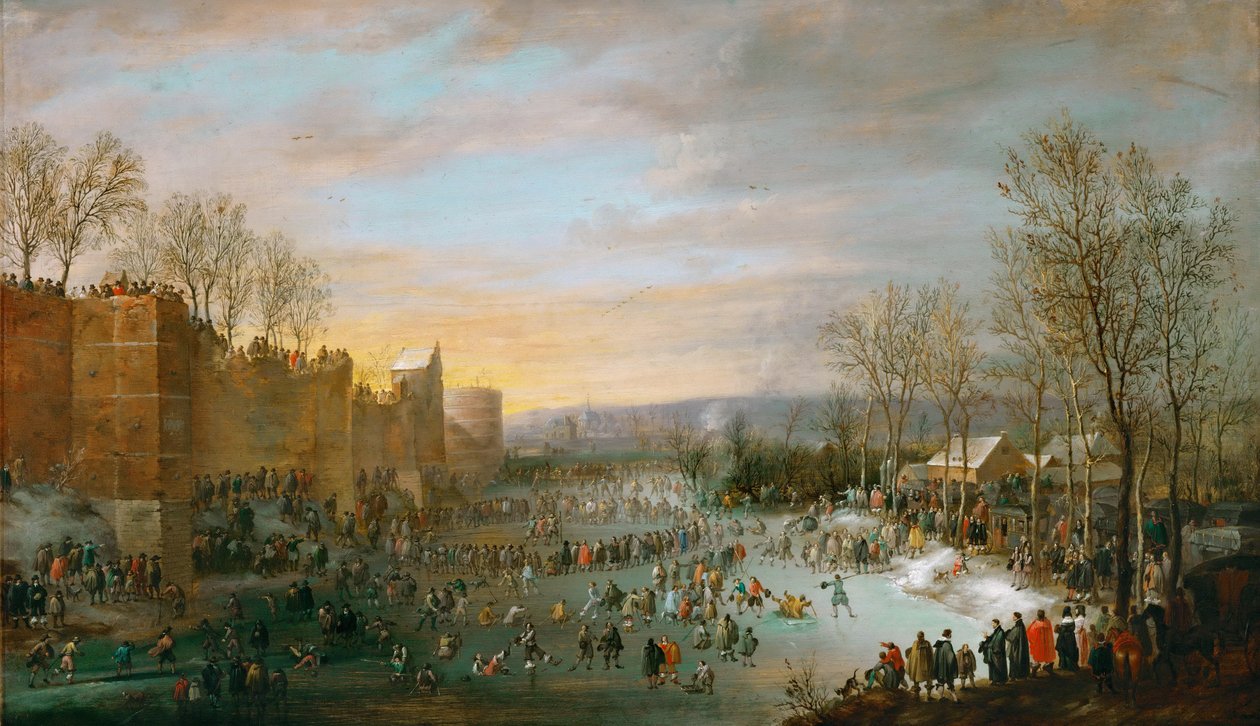 Patinage sur les douves gelees de Bruxelles - Skating in the town-moat of Brussels, by Hoecke, Robert van den (1622-1668). Oil on wood بواسطة روبرت فان دن هويكي