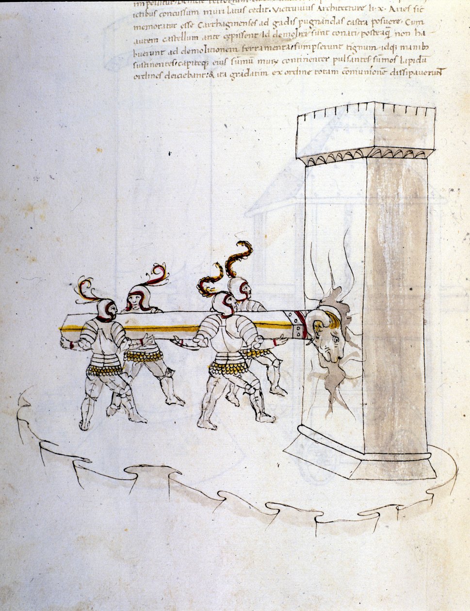 فن الحرب: دراسة على الآلات العسكرية. استخدام الكبش لمحاصرة برج ، رسم توضيحي من "De re Militari" للمهندس Roberto Valturio (1405-1483؟) بواسطة روبرتو فالتوريو