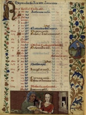 Ms lat 1173 f.5 September ؛ شخصان بالفاكهة ، من ساعات شارل دانقولم ، ج 1480 بواسطة Robinet Testard