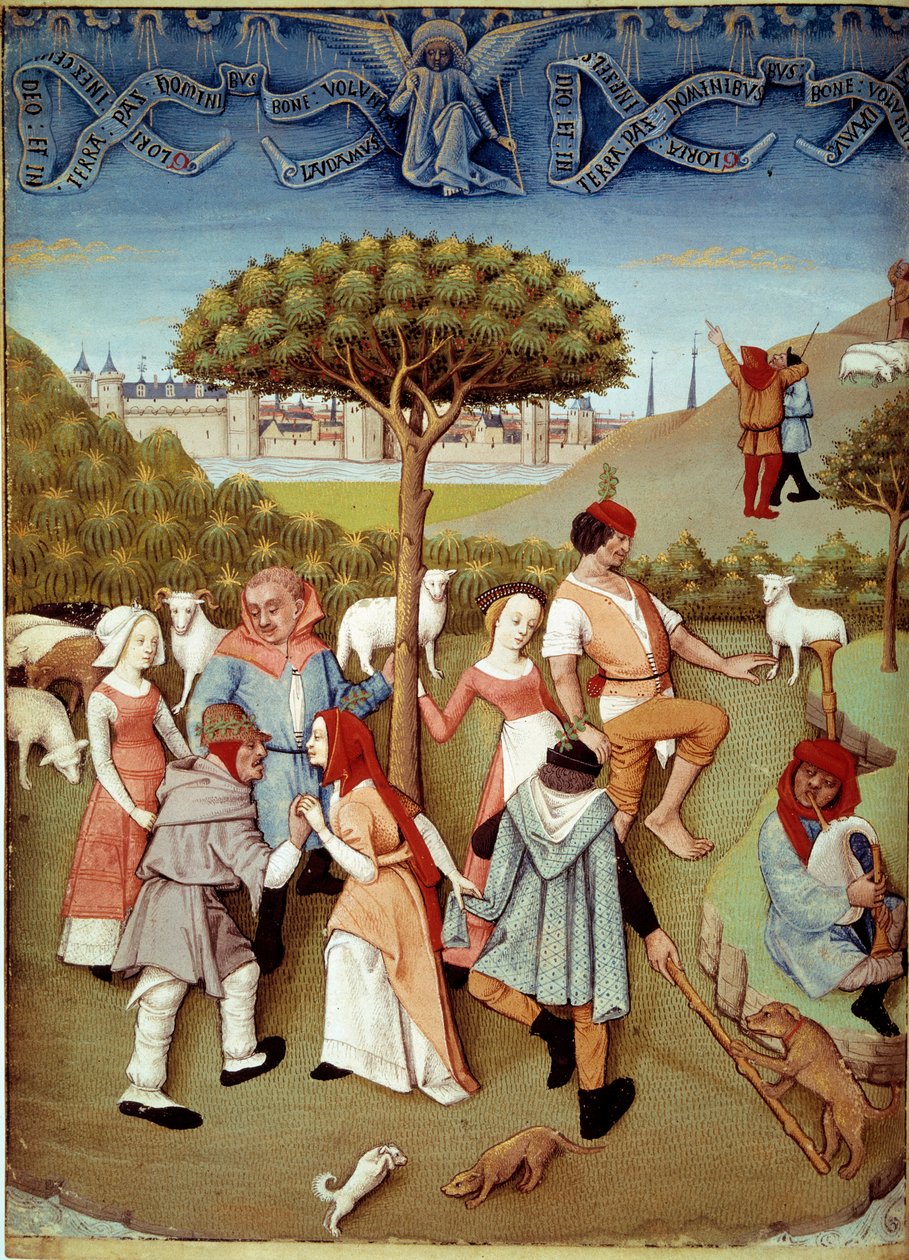 رقصة Champetre إعلان للرعاة. صورة مصغرة مأخوذة من "" كتاب الصلوات للكاتب تشارلز دانجوليم (1460-1496) "من تيستارد تاب (نشط بين 1475-1523) بواسطة Robinet Testard