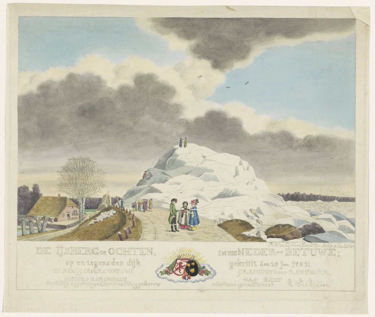 آيس كريم عشبي في الصباح ، 1789 الجبل الجليدي في Ochten في Betuwe السفلى ؛ في وضد السد في 24 يناير. 1789 (العنوان على الكائن) بواسطة رويلاند فان ايندن