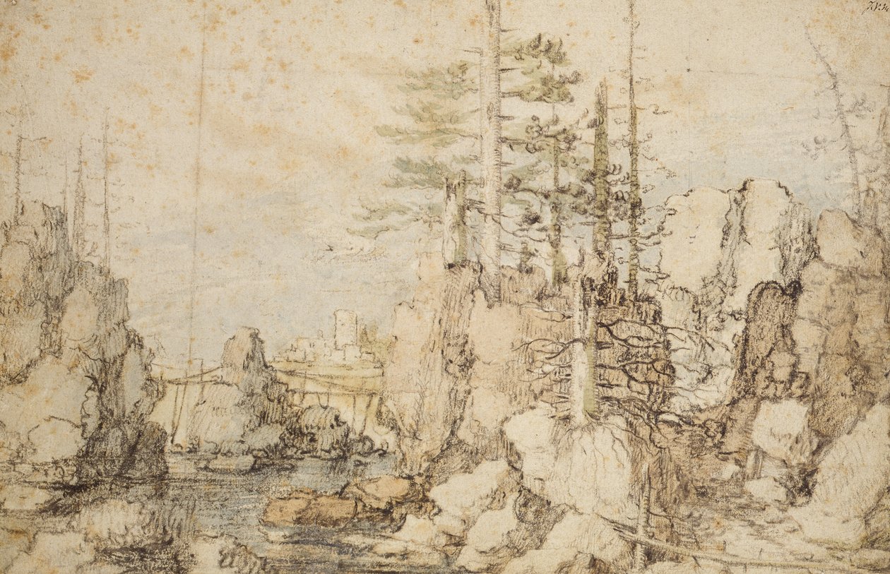 المناظر الطبيعية الخشبية والصخرية ، c.1606-07 (طباشير أسود وملون ومرحاض على ورق) بواسطة Roelandt Jacobsz. حفظ