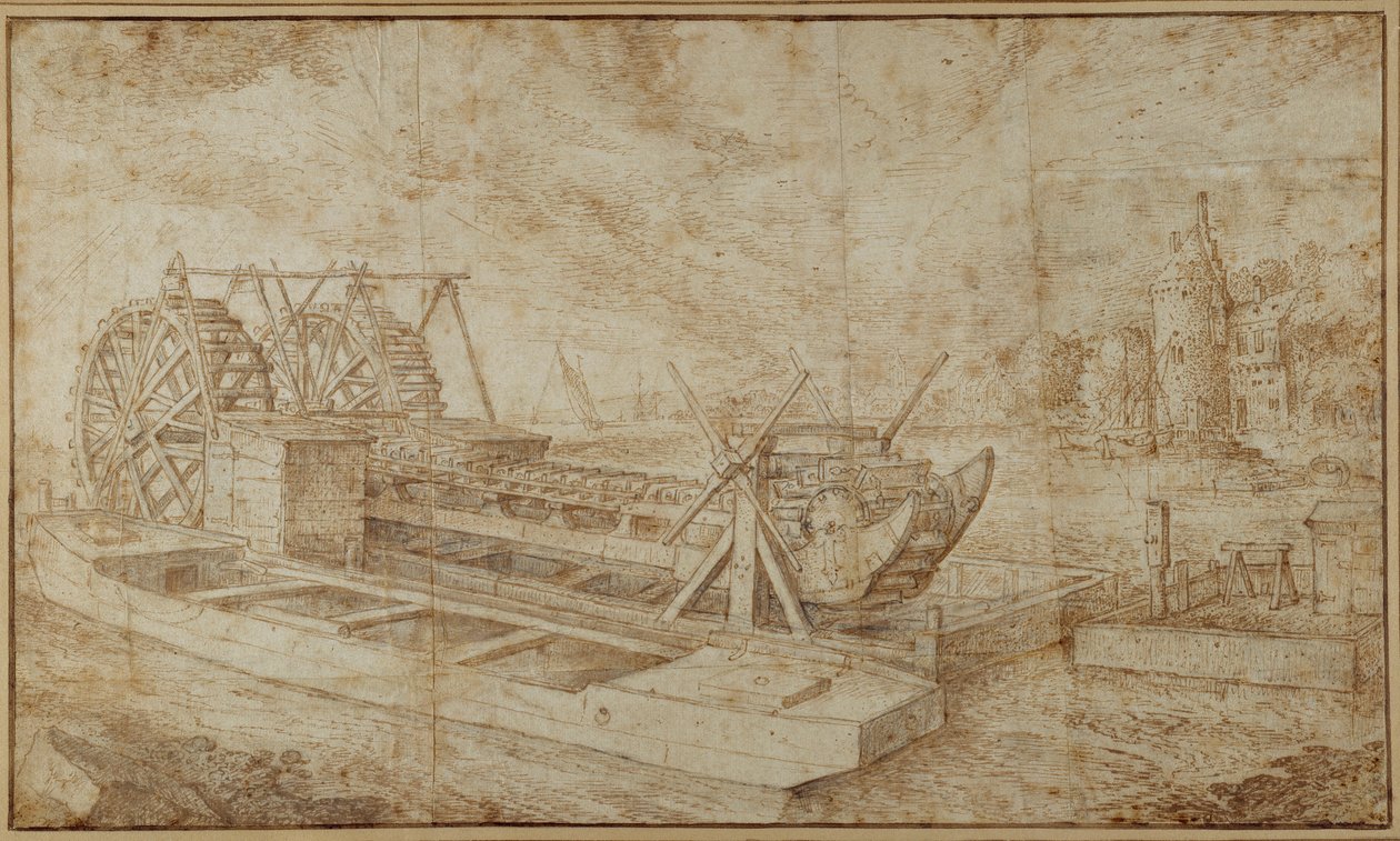 A dredger on a canal (pen & ink over wash on paper) بواسطة Roelandt Jacobsz. حفظ