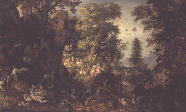 آدم وحواء في جنة عدن بواسطة Roelandt Jacobsz. حفظ