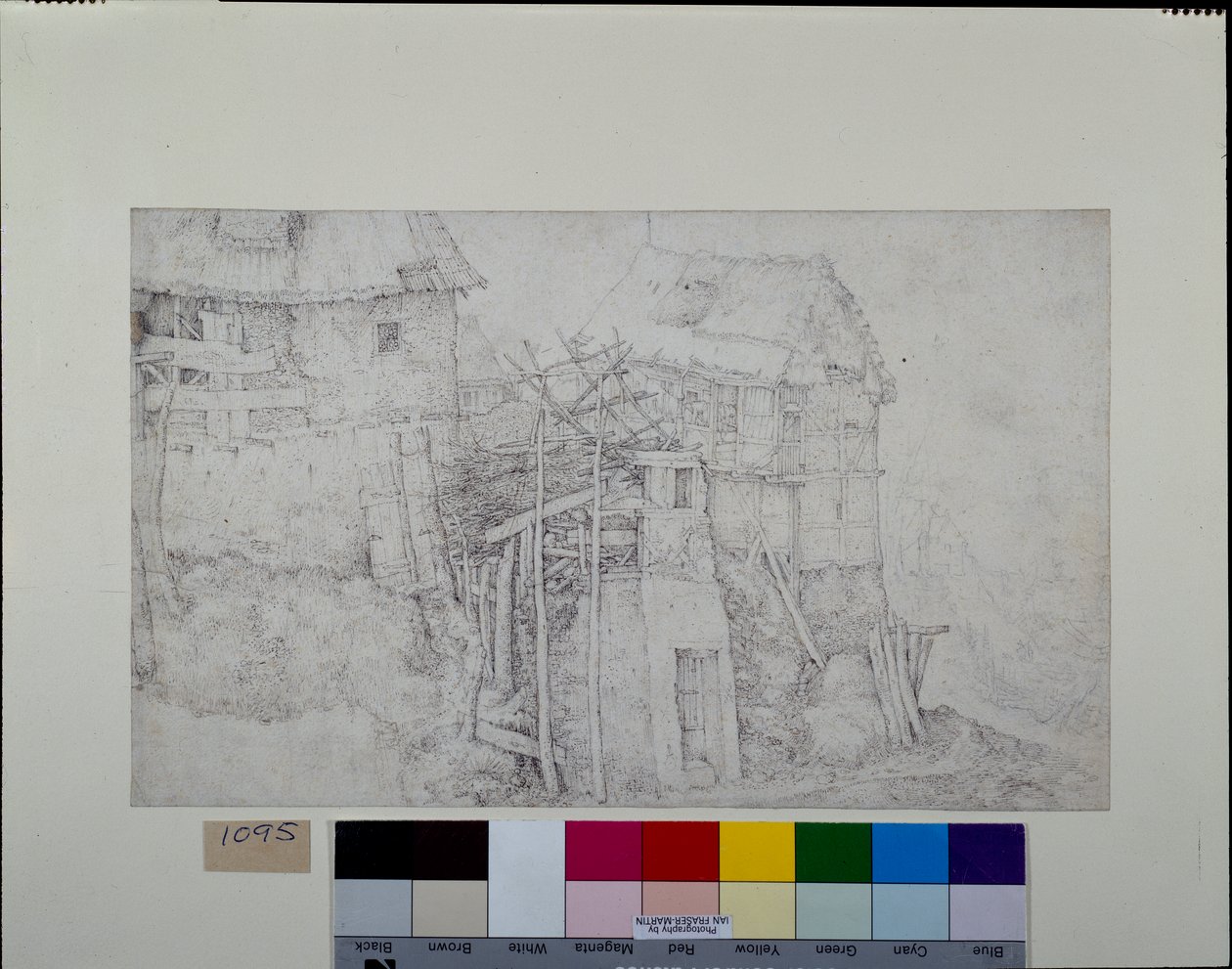Thatched dwellings, partly in ruins, on a mountainside (pen & ink with chalk on paper) بواسطة Roelandt Jacobsz. حفظ
