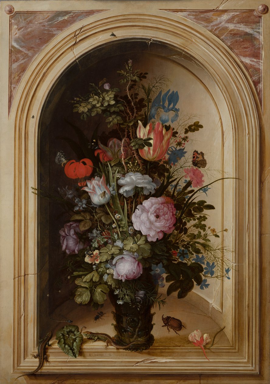 إناء الزهور في المِشْكاة الحجرية ، 1615 بواسطة Roelandt Jacobsz. حفظ