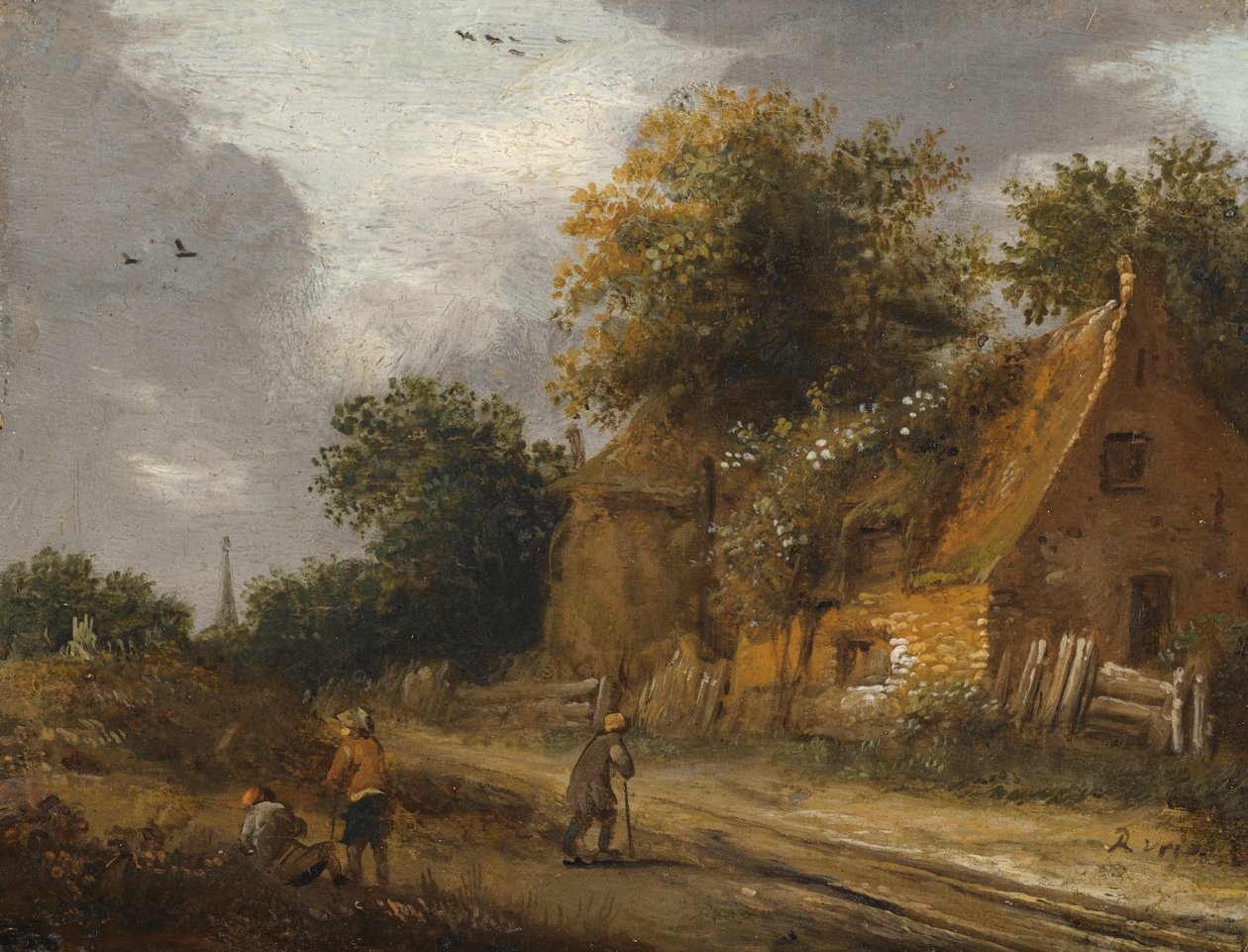 ثلاث شخصيات تمر على طريق قبل كوخ بواسطة Roelof Jansz van Vries