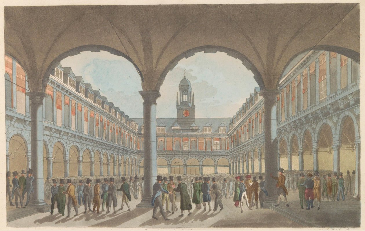 بورصة في أمستردام ، حوالي 1825 The Beurs in Amsterdam / La Bourse à Amsterdam (العنوان على الكائن) بواسطة رويلوف فان دير ميولين