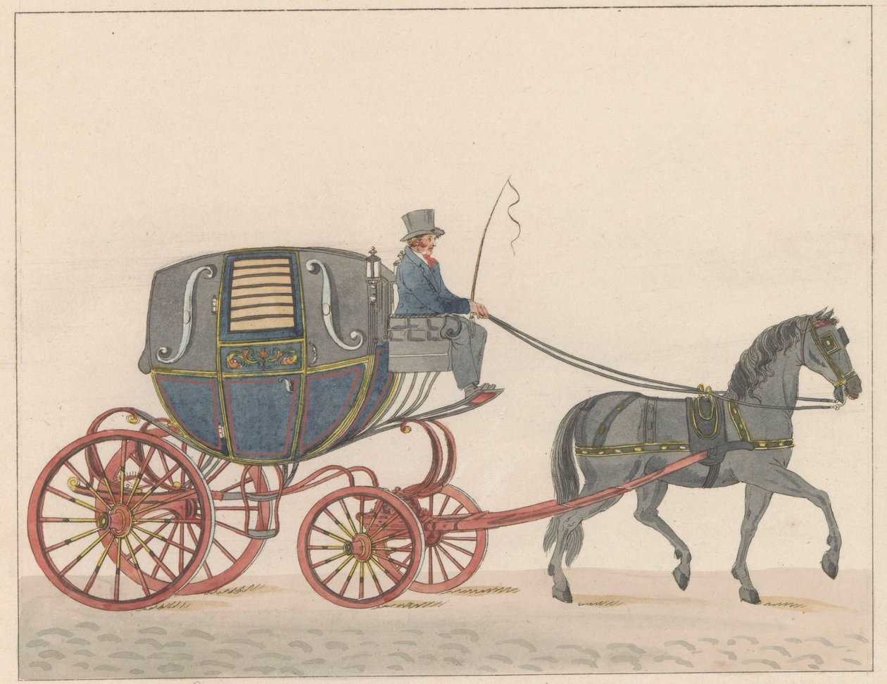 عربة خيل في أمستردام ، حوالي 1825 Een Amsterdamsche Huurkoetsje أو Brommertje / Un Fiacre de Louage en Usage à Amsterdam A ij connu sous la nom de Brommertje (العنوان على الكائن) بواسطة رويلوف فان دير ميولين
