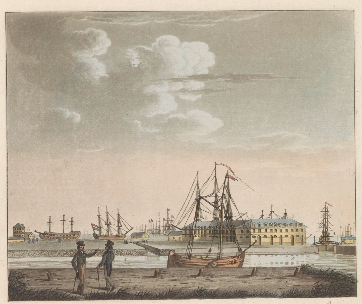 Rijkswerf Willemsoord ، حوالي 1825 منظر من ويليمسور على نهر برايت - في نيويندييب ، ومدخل قناة غروت نورد هولاندش / فيو دي ويلمسوورد أو كلير بري دو نيوفينديب ، إي لينتري أو جراند كانال ديلا نورد هولاند (العنوان على o بواسطة رويلوف فان دير ميولين