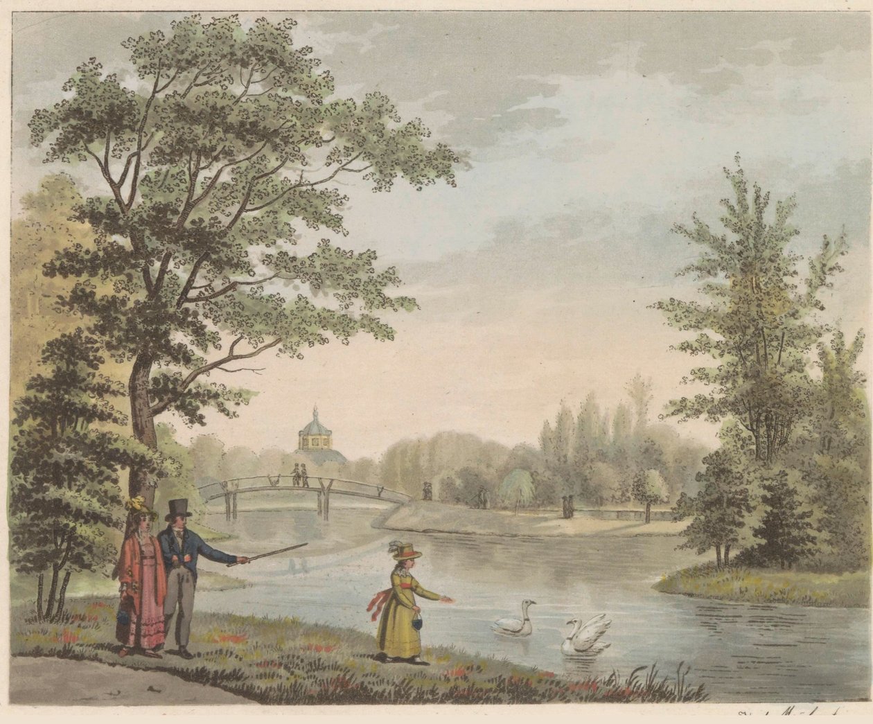 حديقة في Huis ten Bosch ، حوالي 1825 منظر ل Zwitsersche brug ende Vijver ، بالقرب من المنزل في Bosch في s