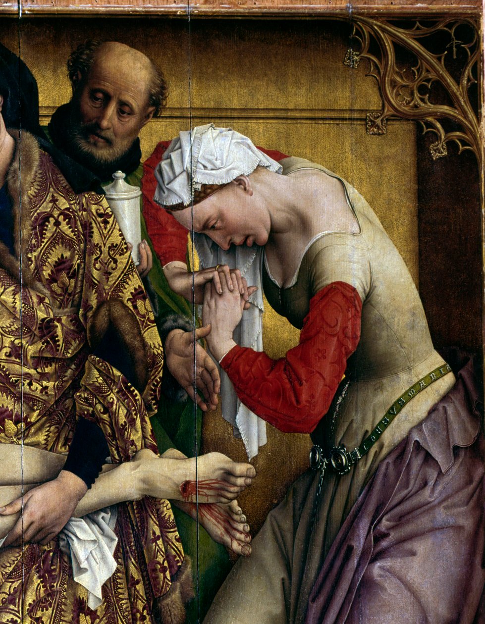 ترسب أو نزول الصليب. تفاصيل سانت ماري مادلين. Rogier Altarpiece (روجر) فان دير وايدن (1400-1464) 1435 ديم. 2،20 × 0،35 م مدريد ، متحف برادو - الترسب أو النزول من الصليب. تفاصيل القديسة مريم المجدلية. مذبح بواسطة روجير فان دير ويدين