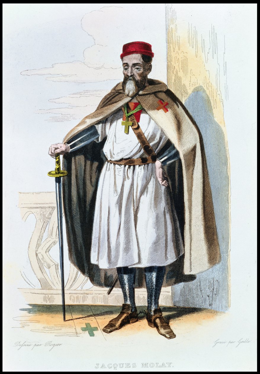 صورة لجاك دي مولاي (c.1243-1314) سيد فرسان الهيكل ، رسم توضيحي من "Le Plutarque Francais" بواسطة إي. مينشيت ، محفور بواسطة Geille ، 1835 بواسطة روجر