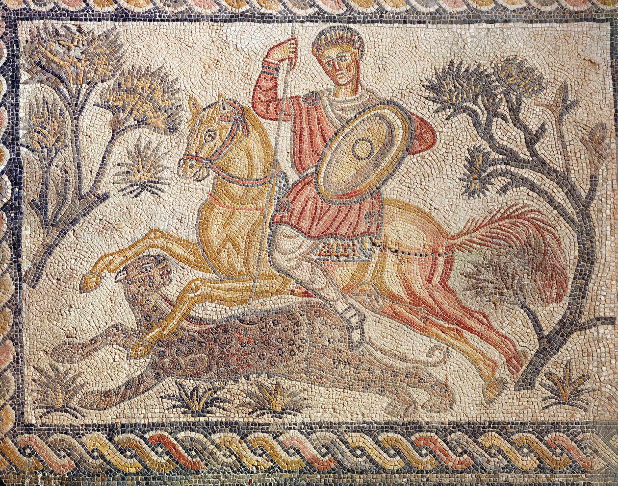 فسيفساء تصور مطاردة ليوبارد ، من فيلا دي لاس تيينداس ، c.326-400 (فسيفساء) بواسطة رواية