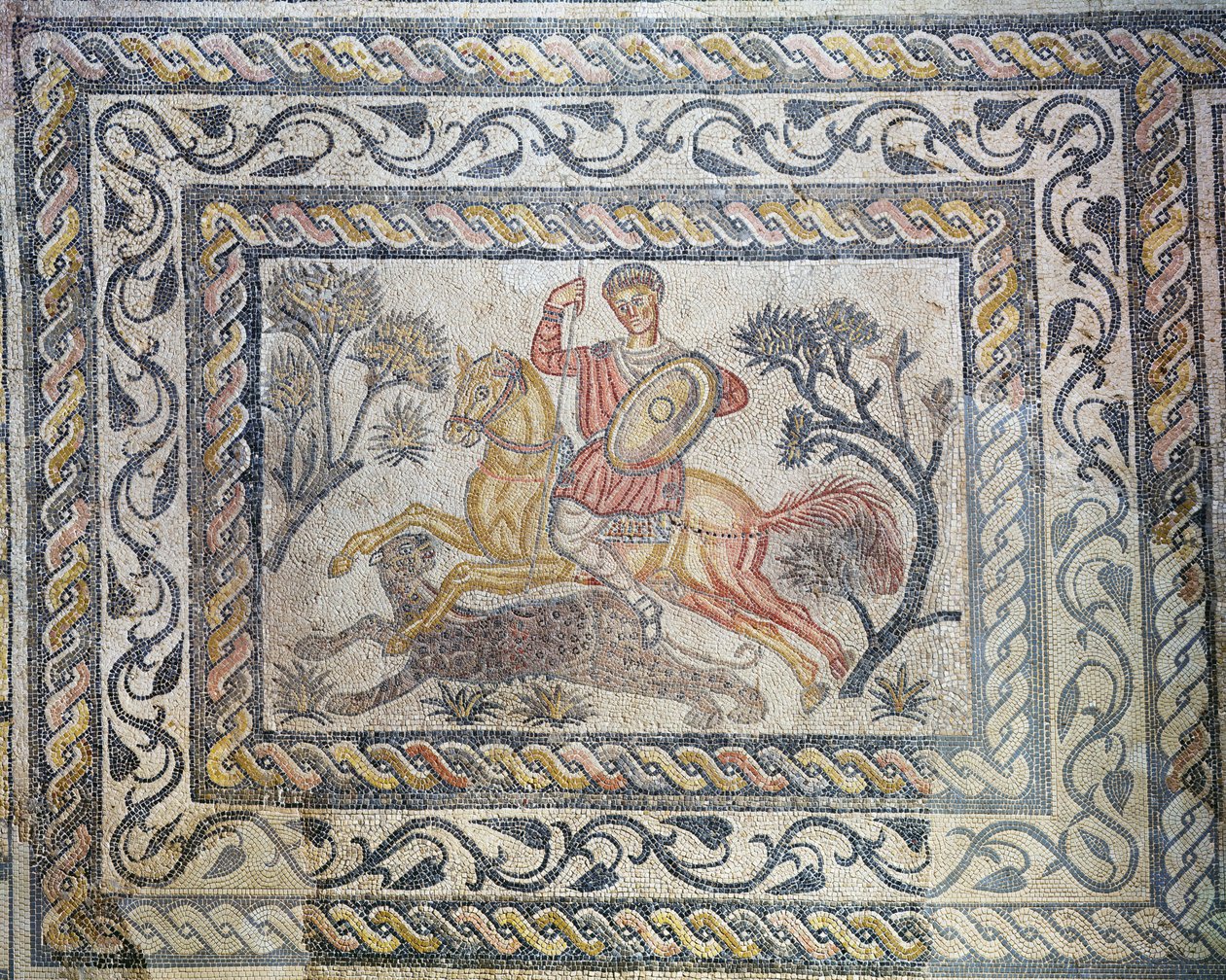 فسيفساء تصور مطاردة ليوبارد ، من فيلا دي لاس تيينداس ، c.326-400 (فسيفساء) بواسطة رواية