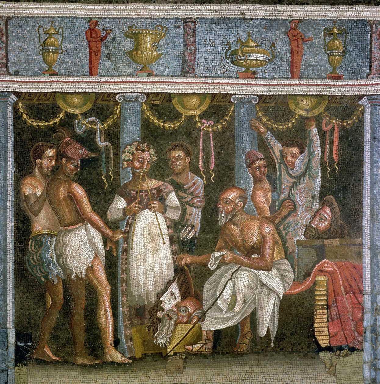 الممثلين يتدربون على مسرحية Satyr ، c.62-79 م (فسيفساء) بواسطة رواية