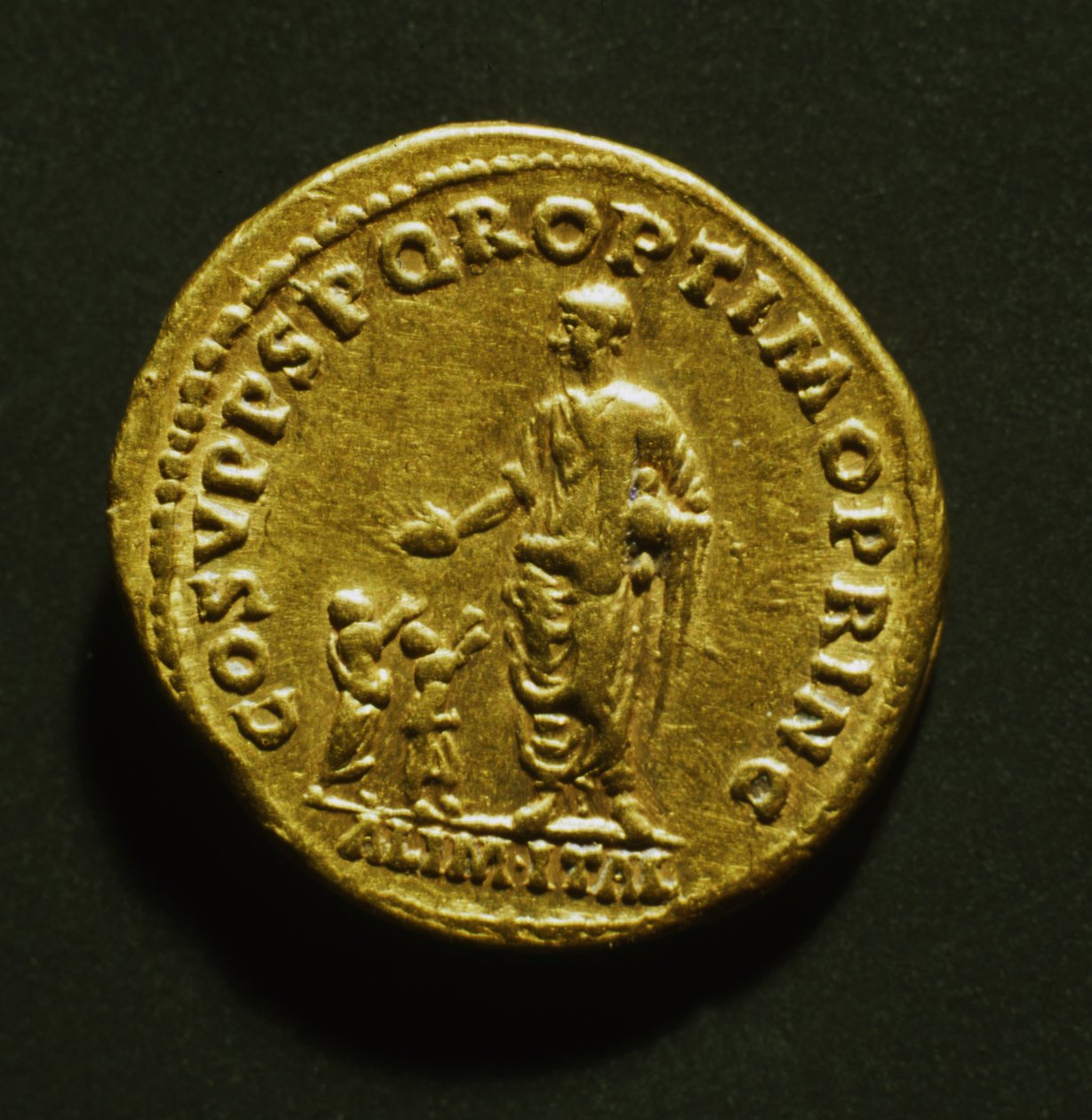 Aureus إحياء ذكرى توزيع طعام تراجان على الأطفال الفقراء ، 107 م (الذهب) بواسطة رواية