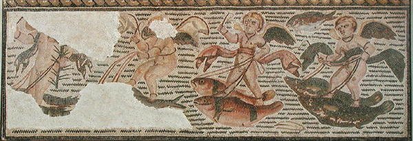 كيوبيد يركب على الأسماك ، جزء من رصيف من سوسة (Hadrumetum) تونس (فسيفساء) بواسطة رواية