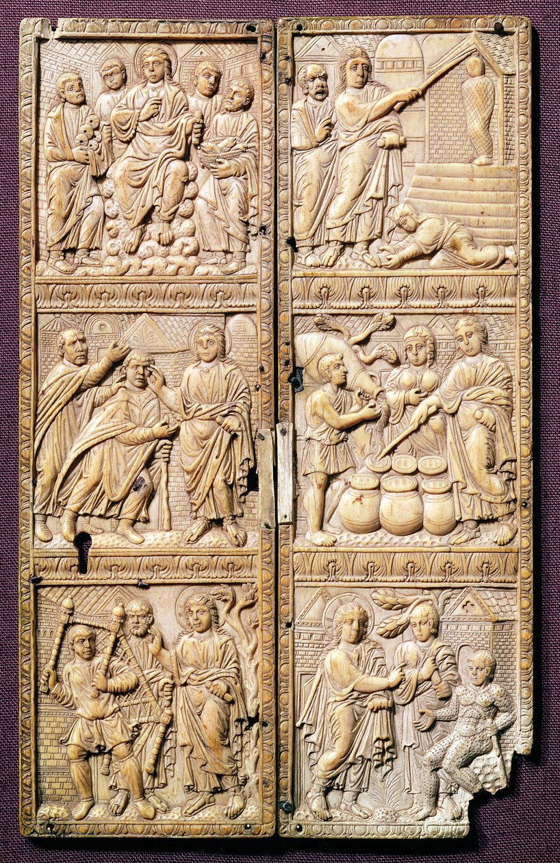 Diptych تظهر معجزات المسيح ، 450-460 م بواسطة رواية