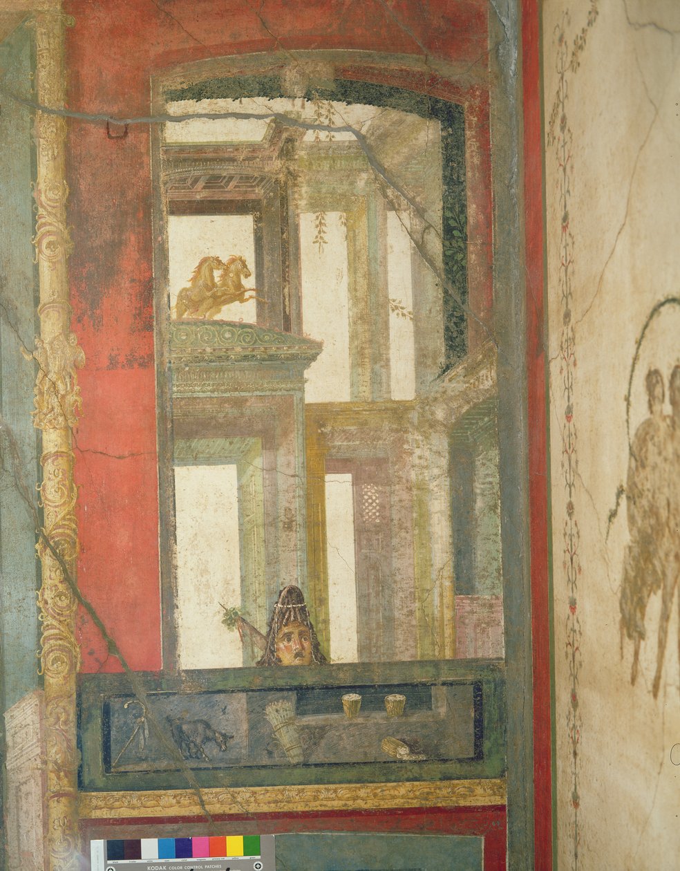 العمارة الخيالية مع حصانين وقناع مسرحي ، من Case dei Vettii (House of the Vettii) c.50-79 م بواسطة رواية