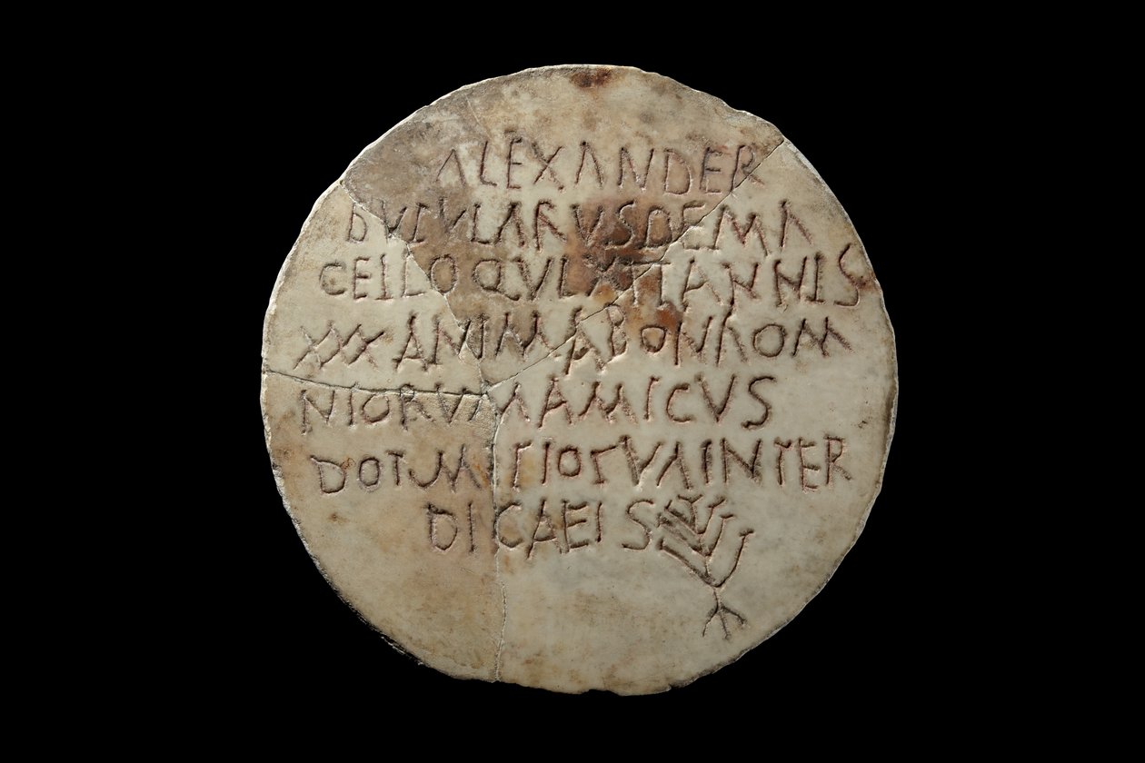 شاهد قبر "ألكسندر ، بائع سجق (butularius) في السوق (macellum) عاش 30 عامًا ، روح طيبة وصديق للجميع" ، (رخام) بواسطة رواية