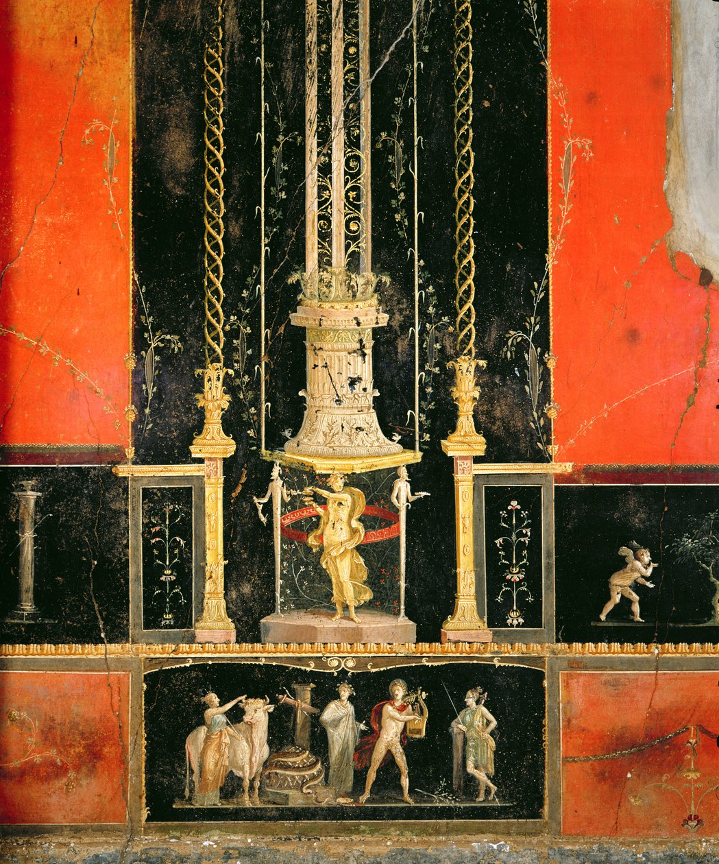 تفاصيل أسطورية وزخرفية من الجدار الشرقي في غرفة العشاق ، Casa dei Vettii ، c.5-79 م (لوحة جدارية) بواسطة رواية