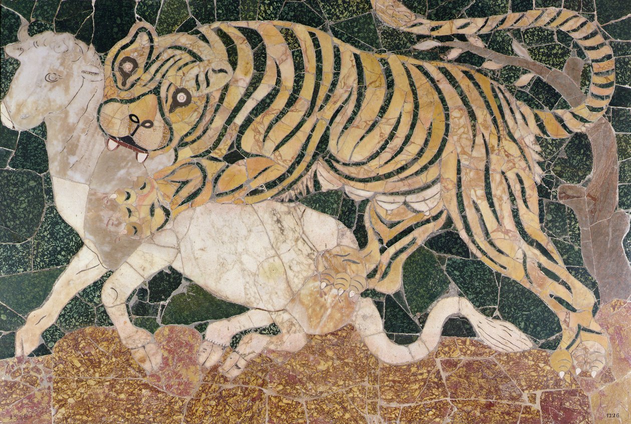 لوحة مُصوَّر عليها هجوم نمر (رخام) بواسطة رواية