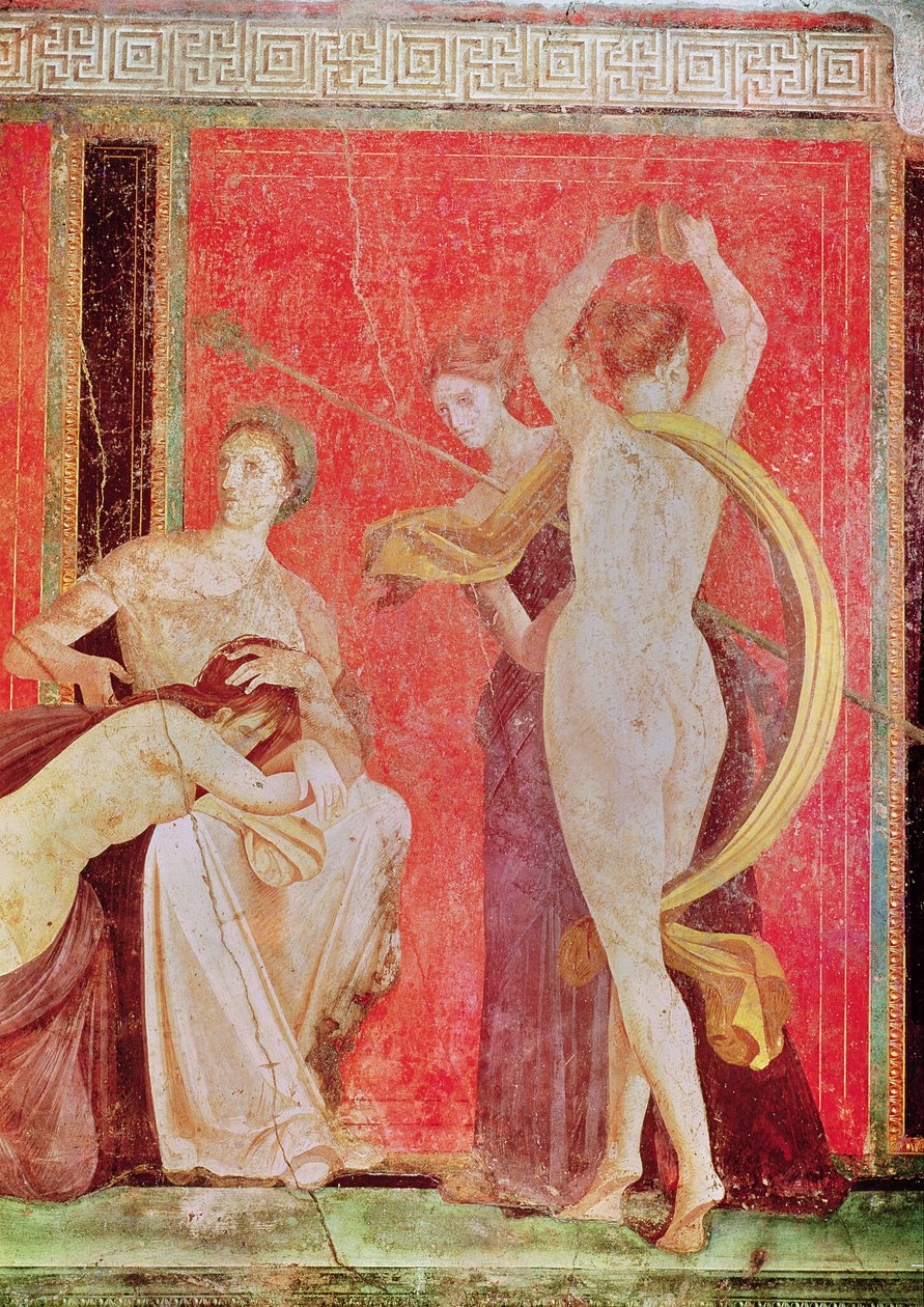 امرأة راقصة وراقصة مع الصنج ، الجدار الجنوبي ، Oecus 5 ، 60-50 قبل الميلاد بواسطة رواية