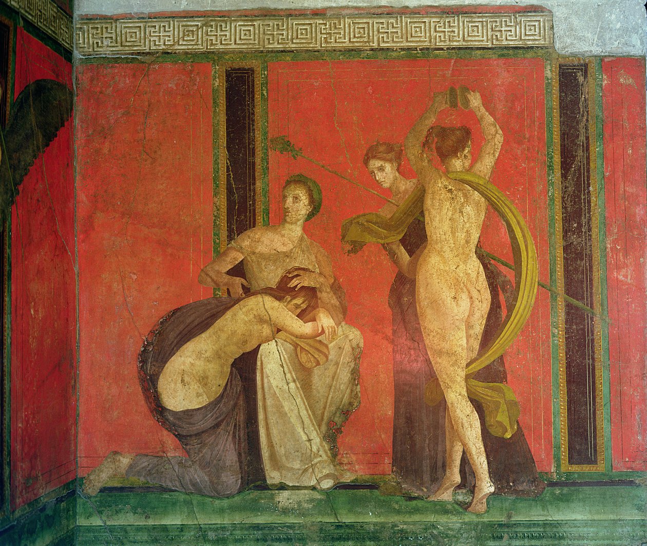 امرأة راقصة وراقصة مع الصنج ، الجدار الجنوبي ، Oecus 5 ، نمط بومبيان الثاني بواسطة رواية