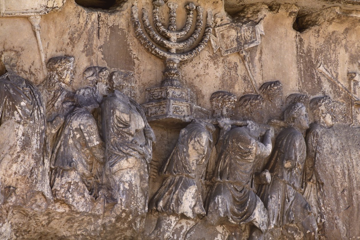 قوس تيتوس ، تفاصيل كنوز الهيكل التي تم حملها بعد كيس القدس في 70 م ، 81 م بواسطة رواية