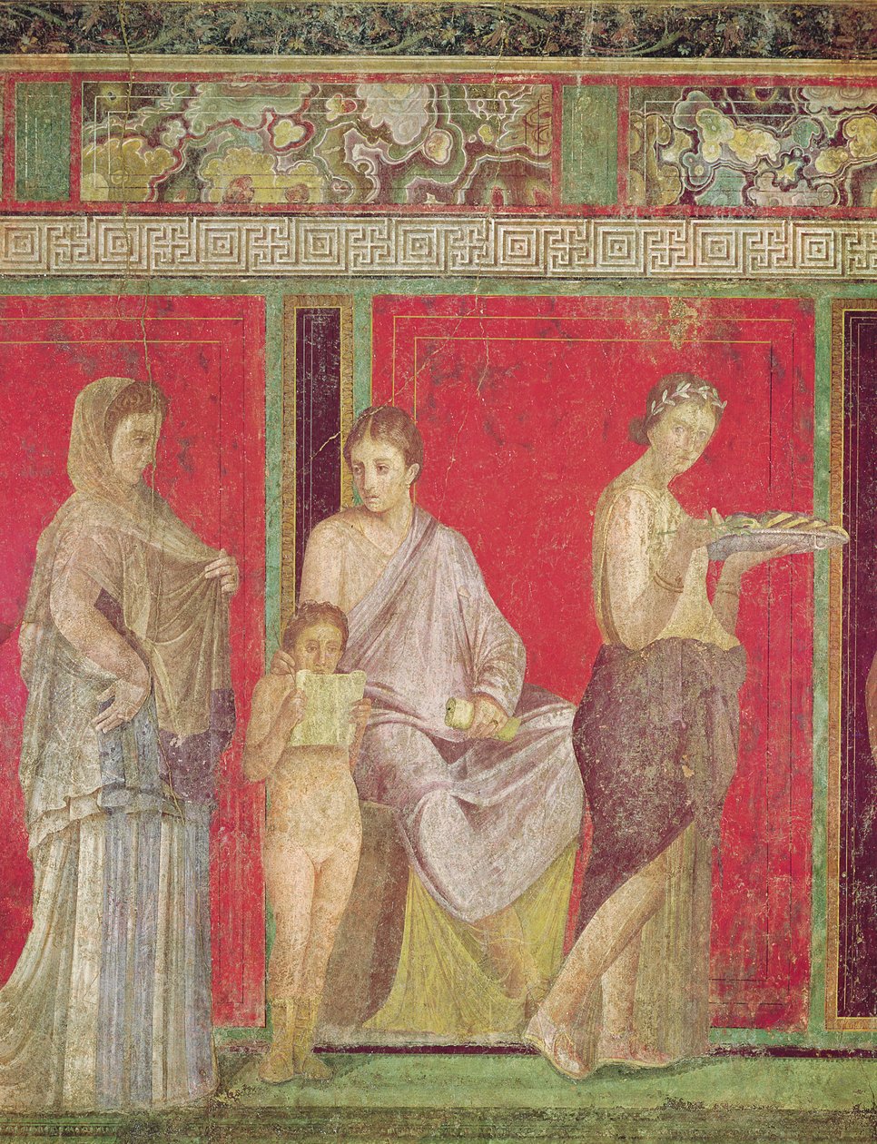التعليم المسيحي مع قراءة فتاة صغيرة والبدء في تقديم عرض ، الجدار الشمالي ، Oecus 5 ، c.60-50 قبل الميلاد (انظر أيضًا 55070 و 57184 و 20015) بواسطة رواية