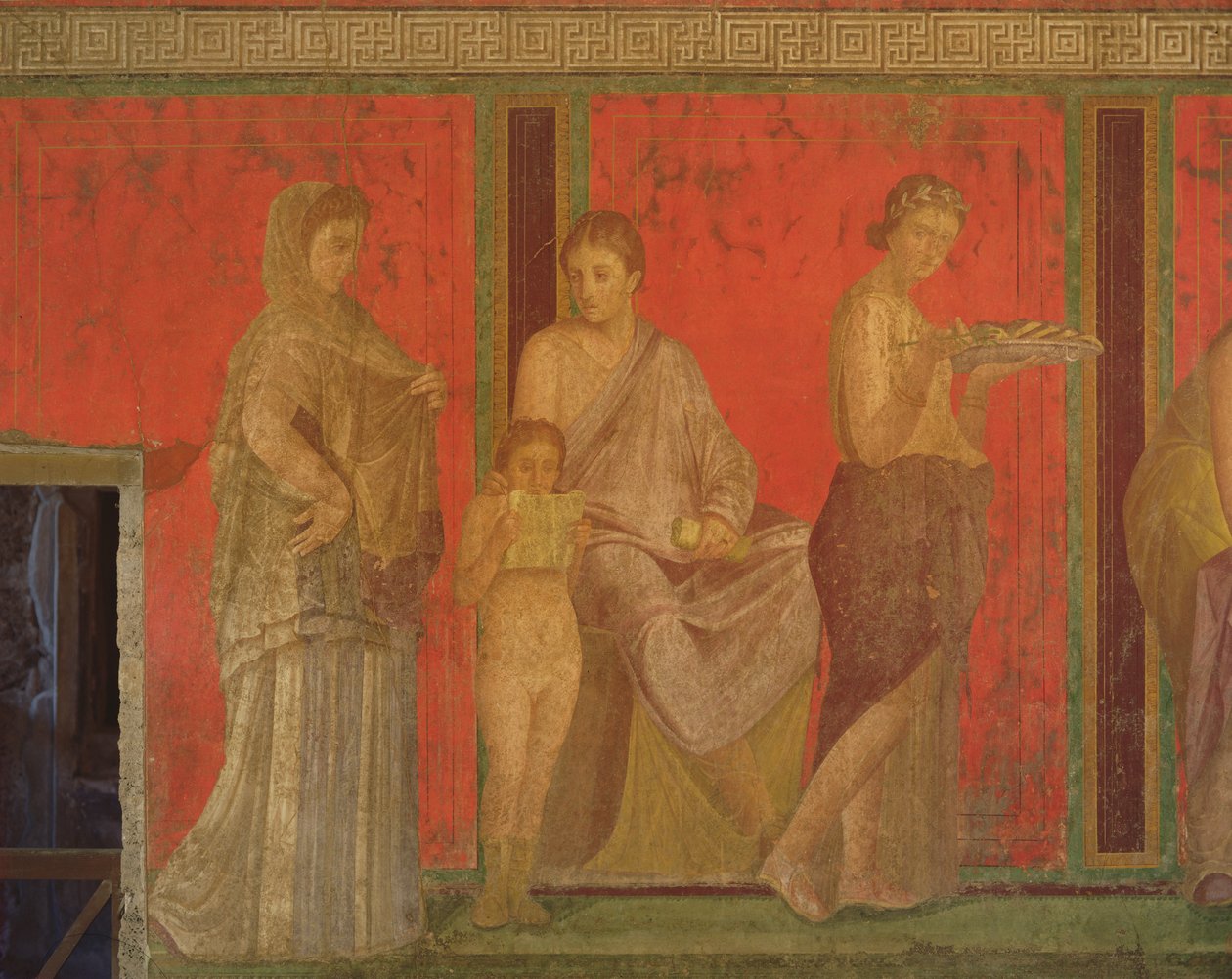 التعليم المسيحي مع قراءة فتاة صغيرة والبدء في تقديم عرض ، الجدار الشمالي ، Oecus 5 ، c.60-50 قبل الميلاد (انظر أيضًا 55070 و 57184 و 166518) بواسطة رواية