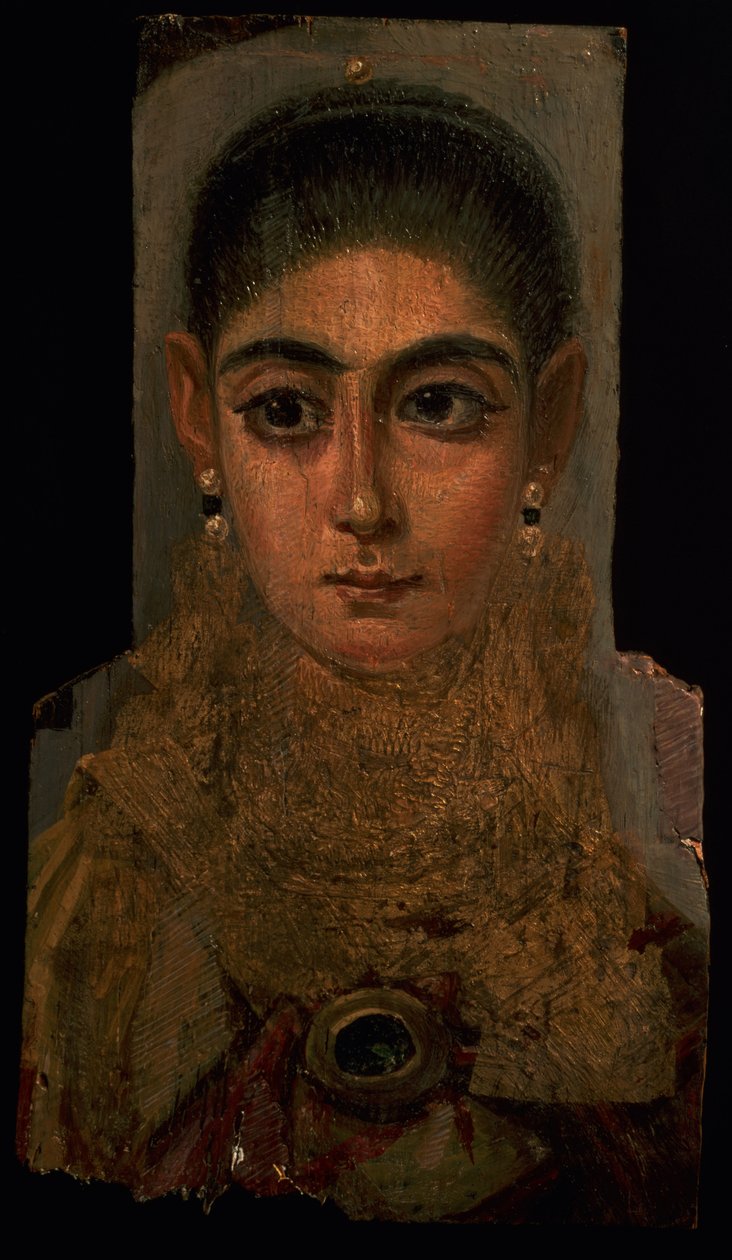 صورة لامرأة ترتدي صدرية ذهبية ، زخرفة قبر ، من الفيوم ، 120-130 م (شمع غير مصقول وطلاء على الخشب) بواسطة الفترة الرومانية المصرية