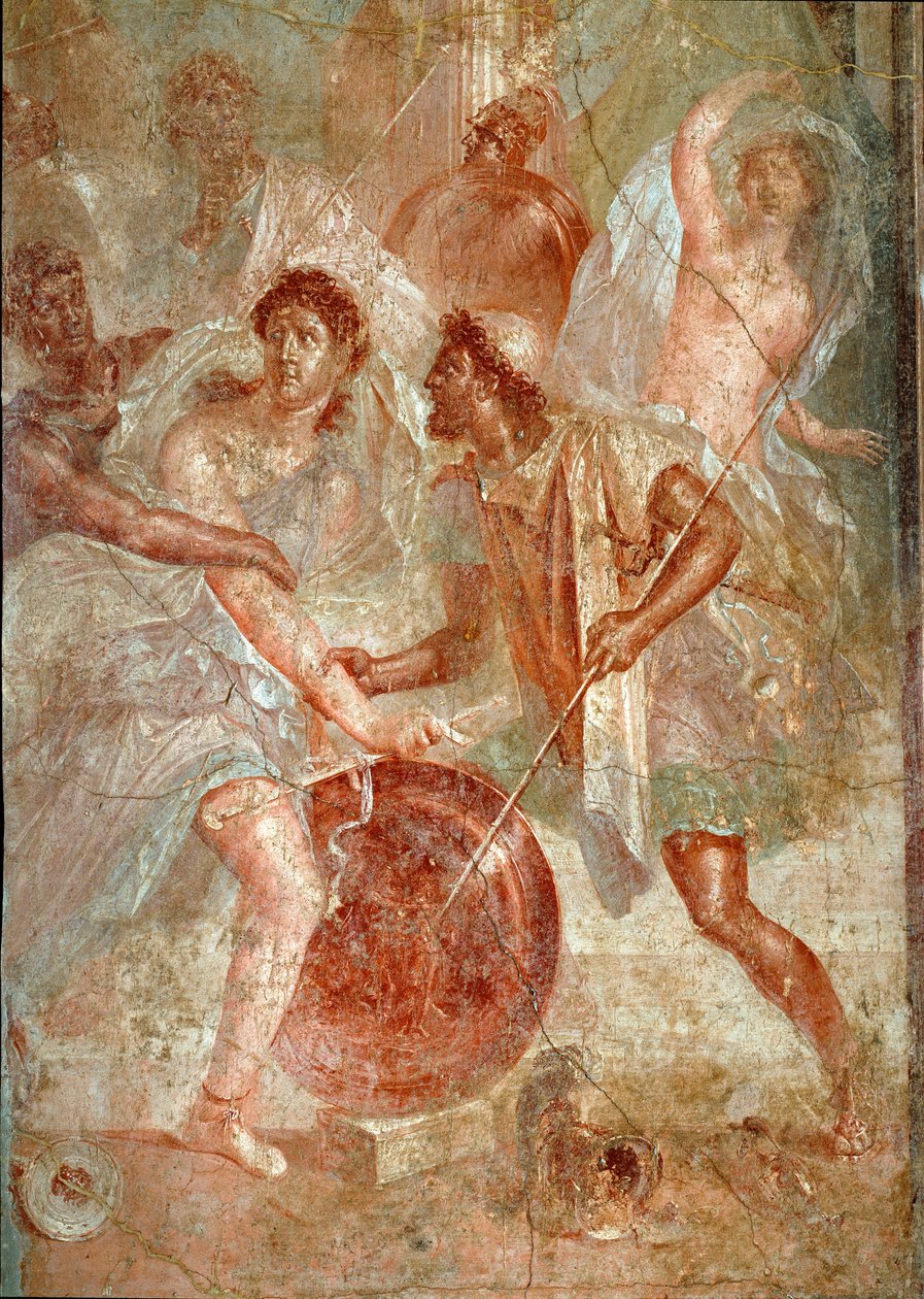 Achilles, disguise in women, is recognized by Ulysses among the daughters of Lycomede a Scyros Fresco of Pompei. 1st century AD. Dim. 145,5x137,5 cm Naples, national archeological museum - Roman Art. Violent struggle between the people of Pompeii and Nocer بواسطة رواية